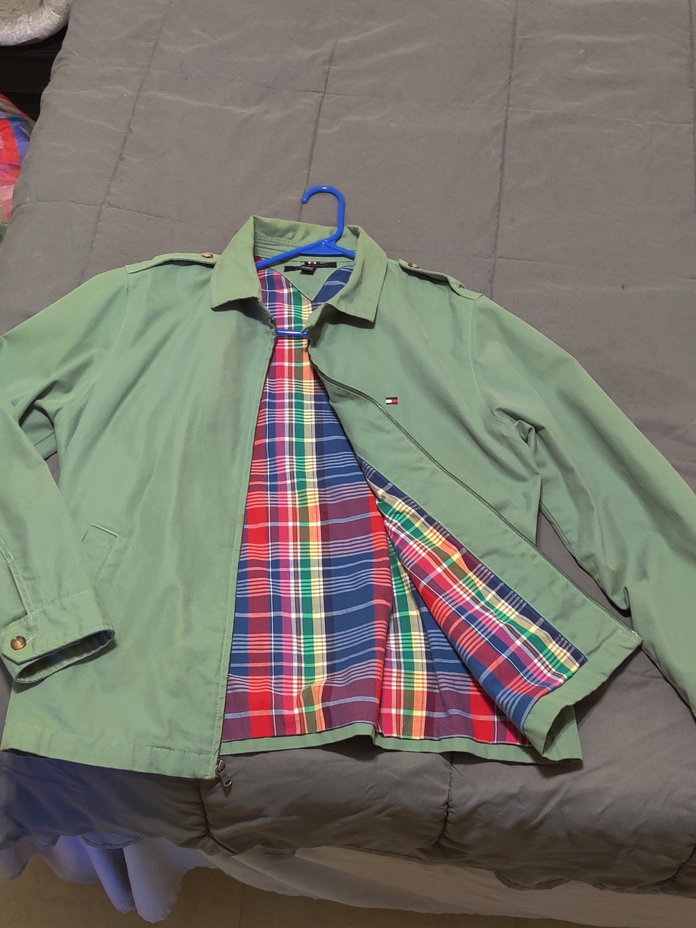 Tommy Hilfiger Lightweight Sage Green Harrington with Plaid Lining